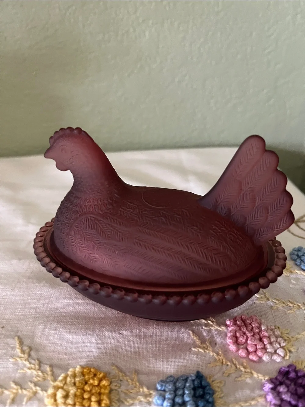 Matte Burgundy Glass Hen on Nest Covered Dish Farmhouse Decor